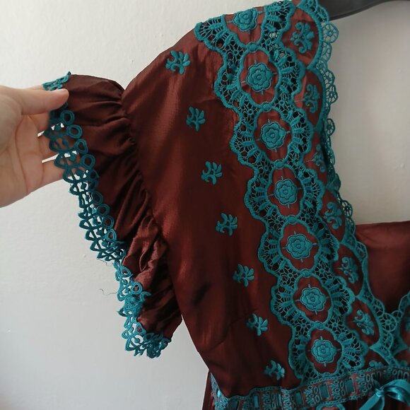 VTG Betsey Johnson Size 8 Women's‎ 100% Silk Dress Brown Blue Crochet Midi Lined - Picture 9 of 16